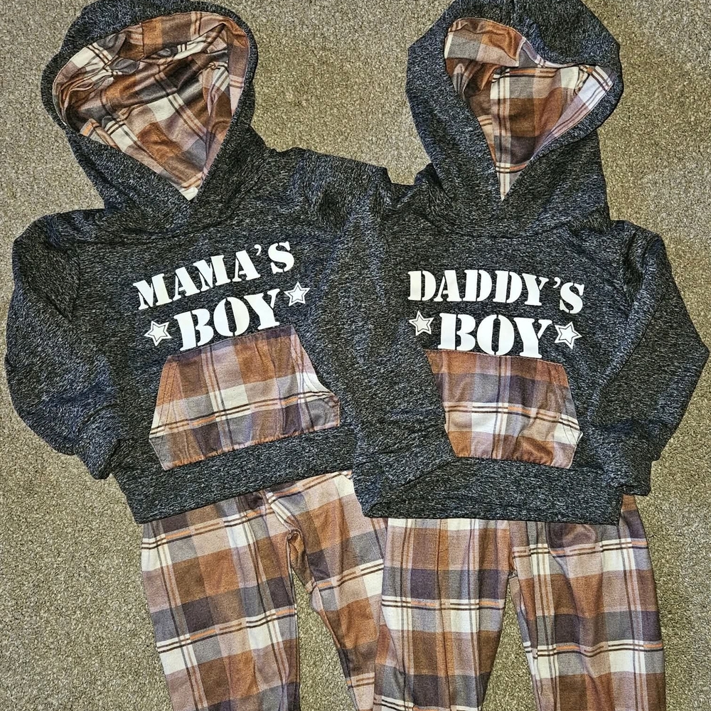 Matching Mama's/Daddy's Boy Gray and Plaid Hoodies and Pants Set